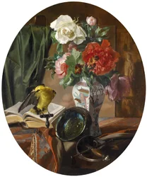 Stilleven met bloemen in een Chinese vaas, vogel en decoratieve voorwerpen